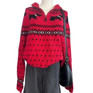 vintage 90s y2k scottish terrier grandma sweater ~ quarter zip red pullover